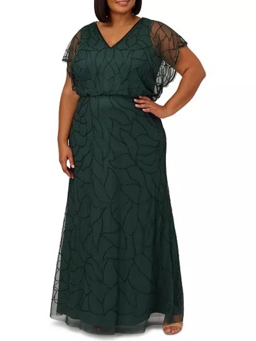 Adrianna Papell Beaded Blouson Emerald Green V-Neck Maxi Evening Dress Gown